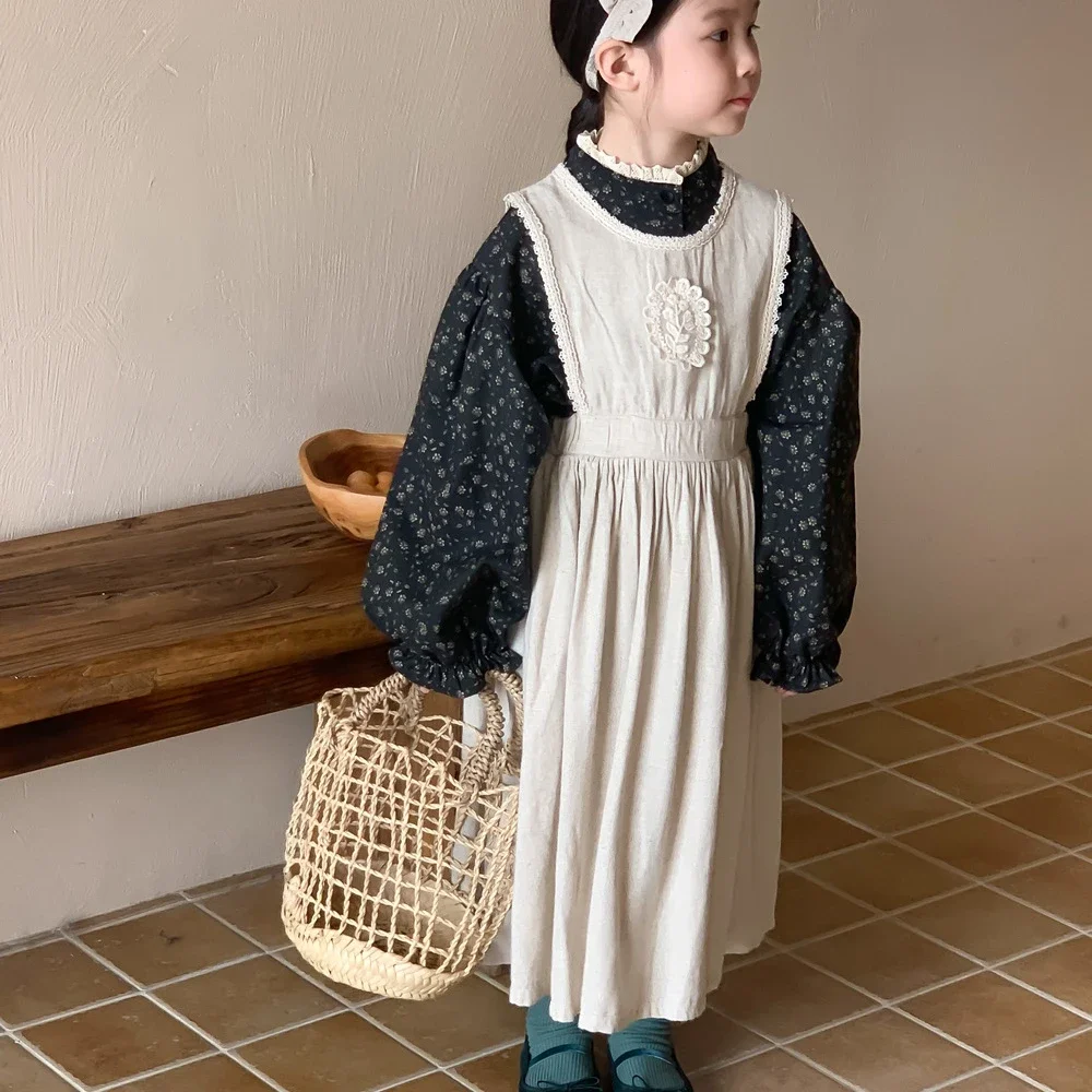 

Children's Clothing Autumn Dress Set Girl's Vintage Solid Tank Top Lace Dress+Long Sleeve Fragmented Blouse Shirt 2023