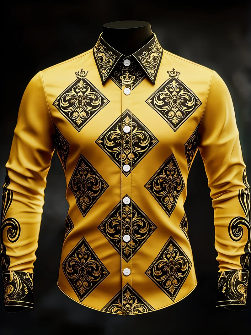 New 10 color men's long sleeved shirt with 3D printed collar, high-quality square pattern shirt, casual men's top
