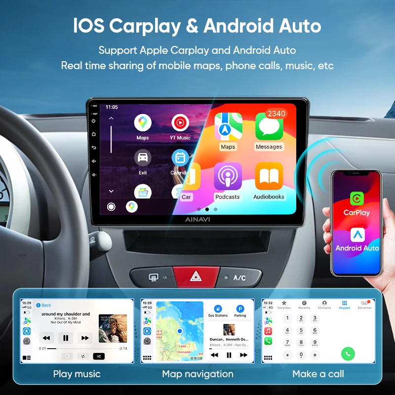 Ainavi 2 DIN Android 13 auto rádio pro peugeot 107 Toyota aygo citroen C1 2005-2014 multimediální hráč Carplay auto stereo ne DVD