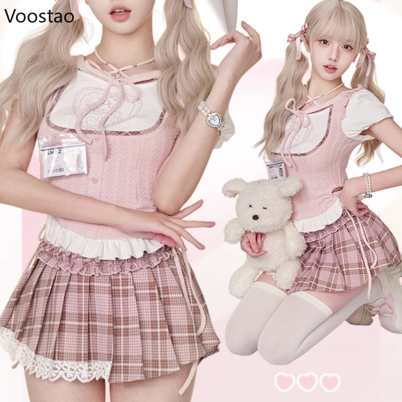 Conjunto de 2 Peças Estilo Lolita Kawaii para Mulheres, Urso Doce dos Desenhos Animados Blusa Manga Curta, Mini Saias Xadrez Y2K, Terno Feminino Coreano