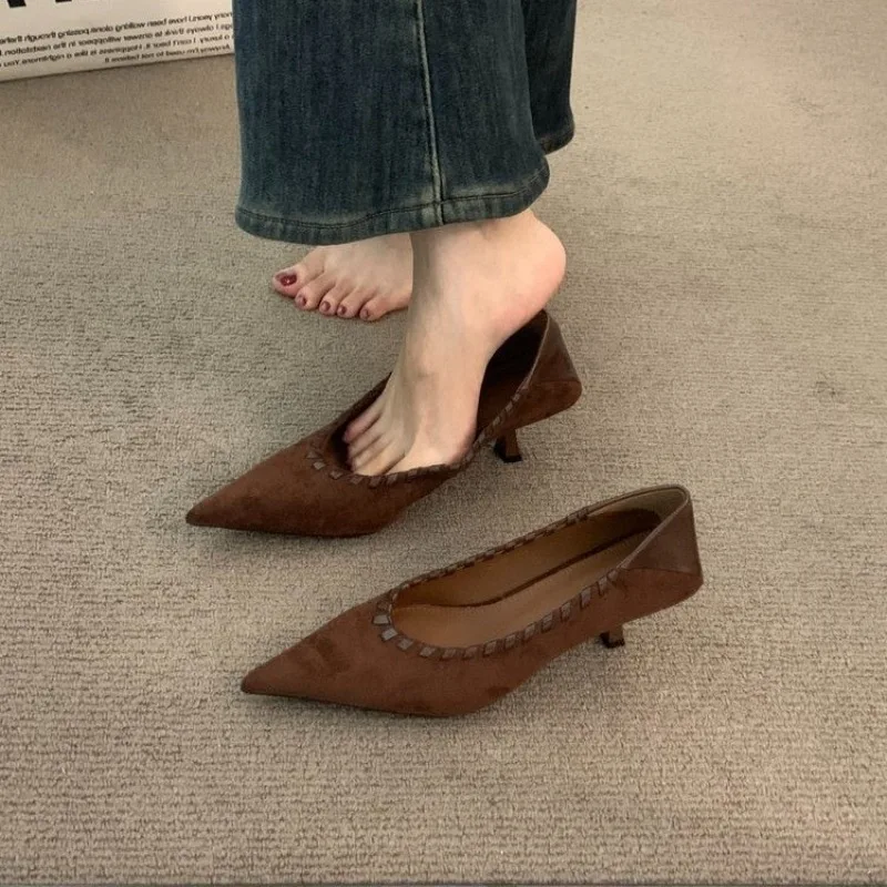 

2025 Fashion Modern Designer Women's Shoes Brand Genuine Split Women Pumps Mid Shoes for Fashion Pointed Toe Low Heels Shoes