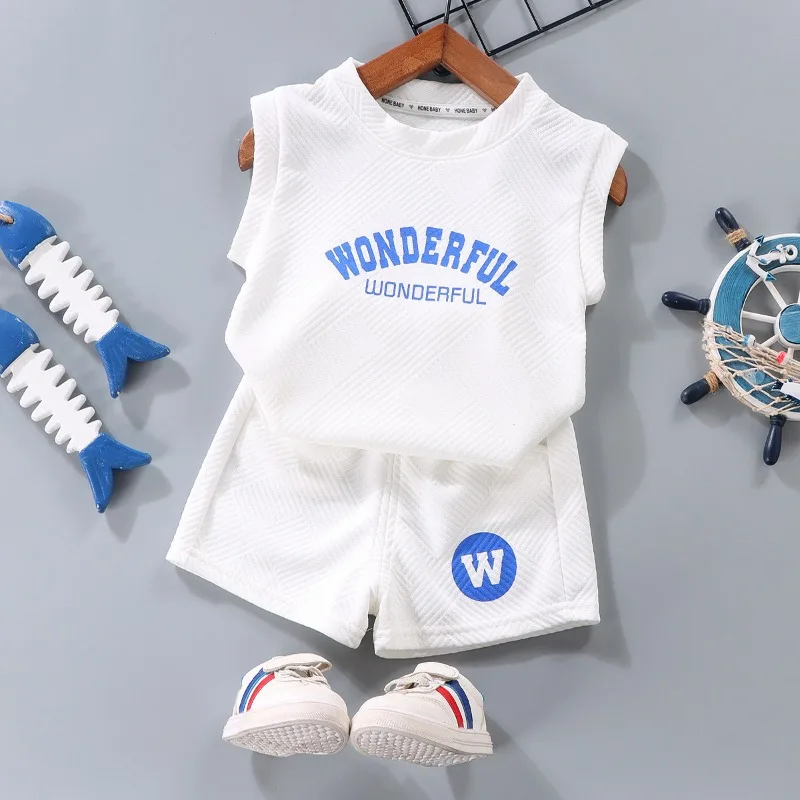 

Kids Clothes Girls & Boys Summer Sleeveless Letter Top & Shorts 2 Pieces Set Ventilate Tracksuit Stereoscopic Lines Outfit