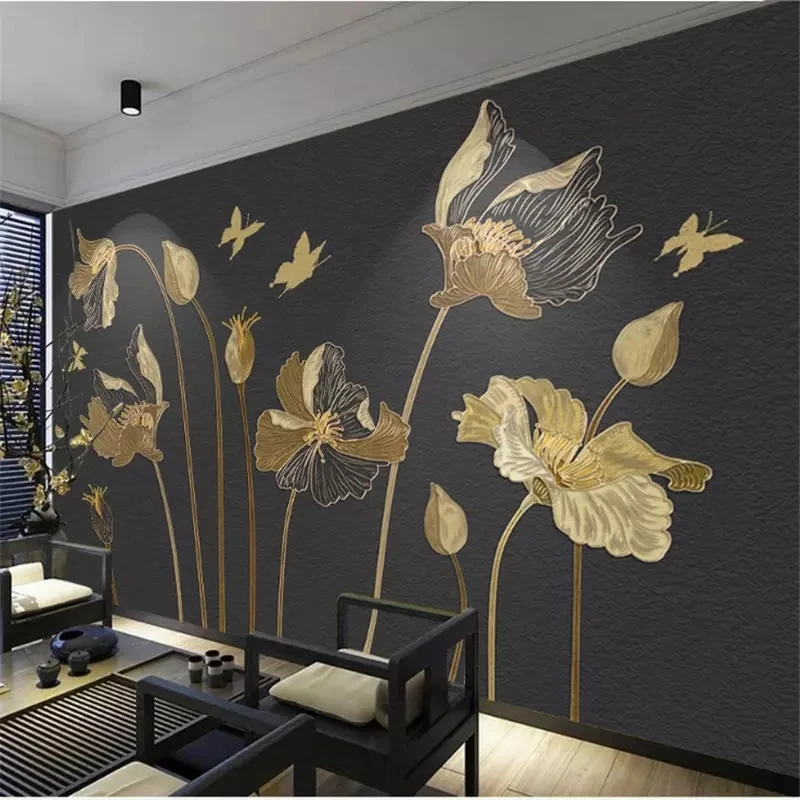 Customized wallpaper 3d beautiful European flowers butterfly golden bedroom Living room sofa TV background wall restaurant Hotel