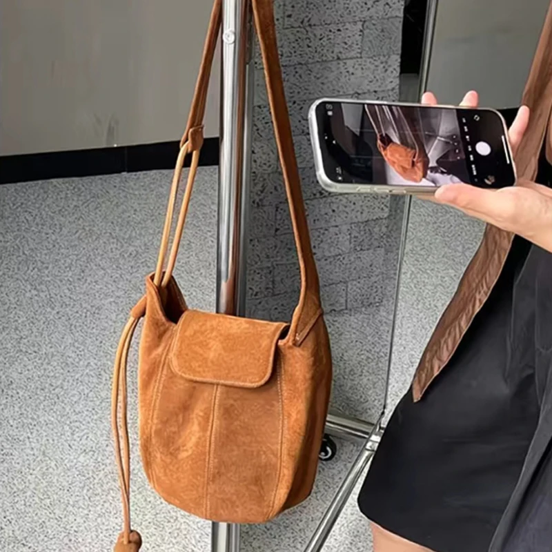Frosted Suede Bucket Bag Pumpkin Bag for Women High-End Niche Design Single Shoulder Underarm Crossbody Bag