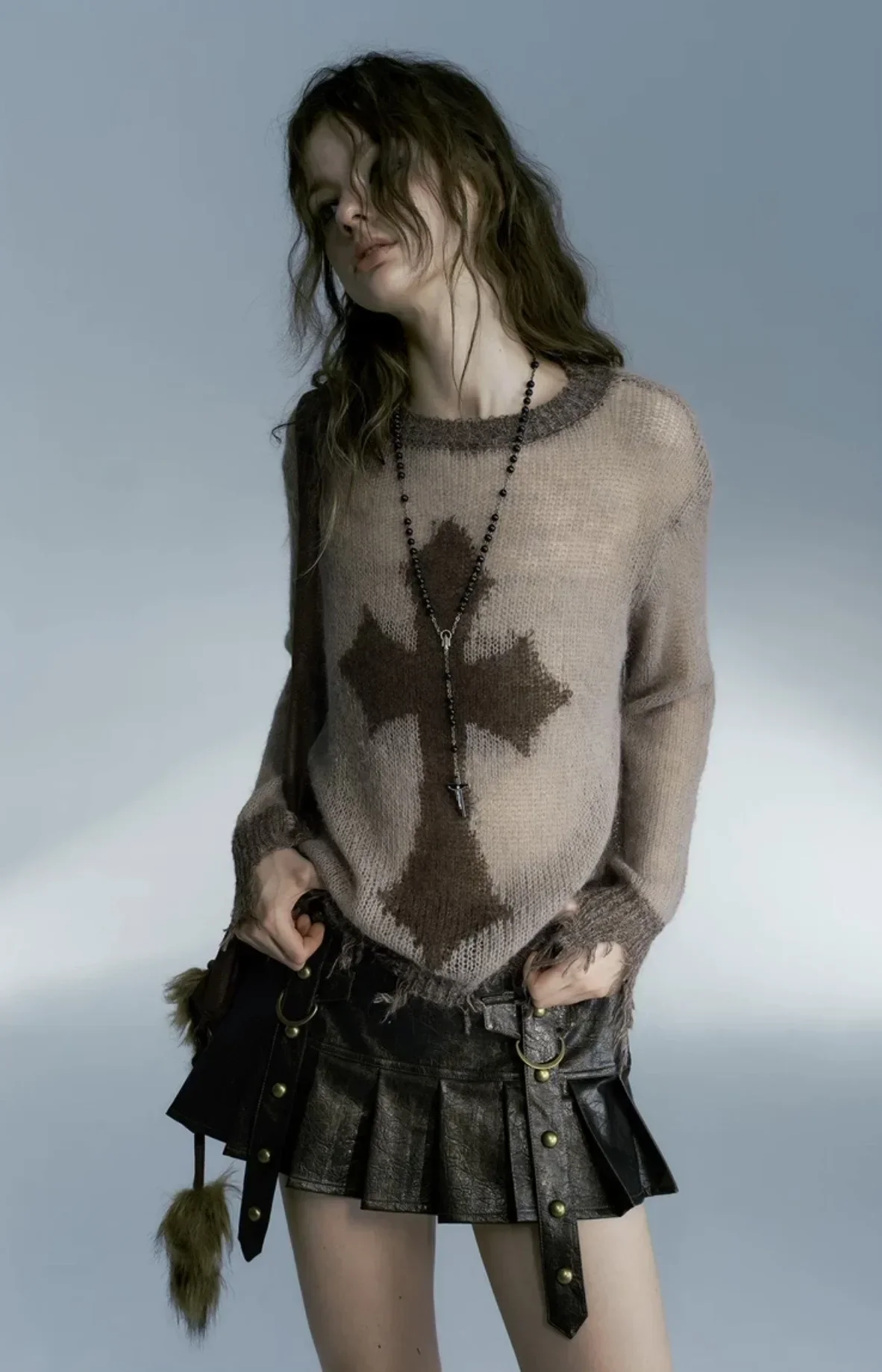 QWEEK Gothic Vintage Streetwear Knitted Pullovers American Retro Design Hollow Cross Printing Sexy Loose Sweater Y2k 2000s