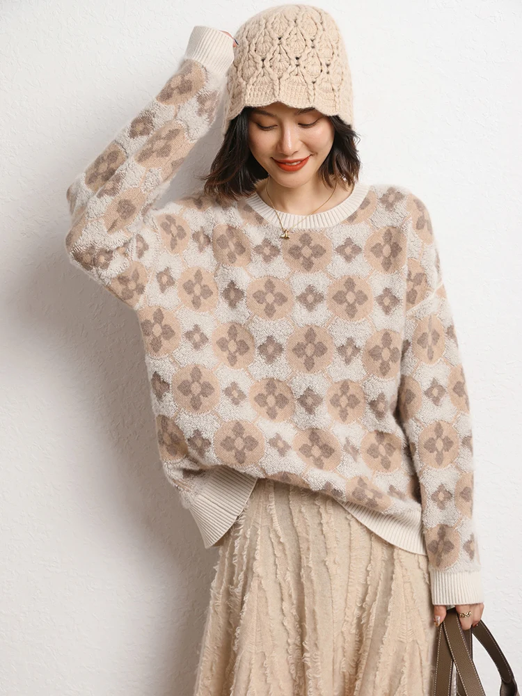 جديد إمرأة 100% سترة الكشمير المعنقة الجاكار منشفة التطريز س الرقبة البلوز الصناعة الثقيلة التطريز الخريف الشتاء فضفاض سميكة القمم