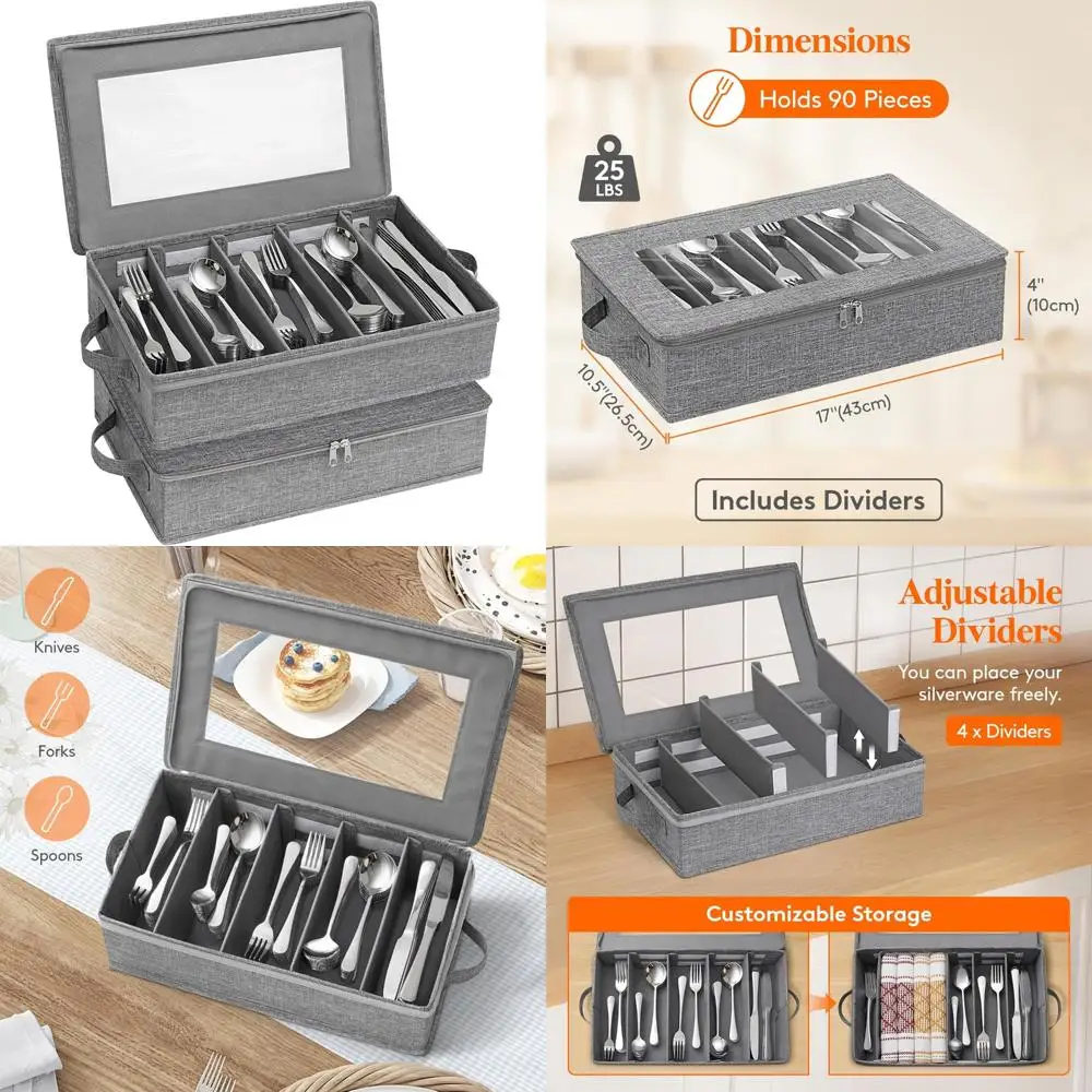 منظم أدوات فضية مدمج مع فواصل قابلة للتعديل وغطاء بسحاب للسفر أو المنزل
