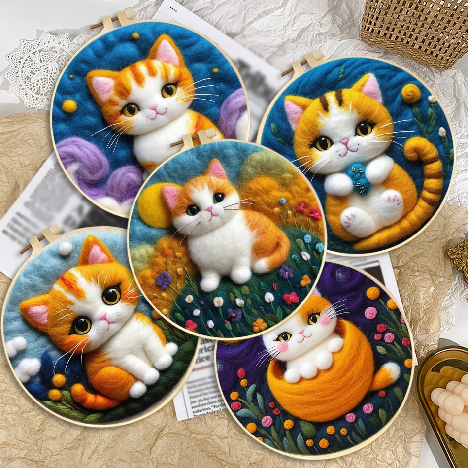 

Cat Pattern Needle Felting Kit Multicolor Wool Felt Painting DIY Craft for Beginners, Includes Frame, Foam Pad, Felt Cloth