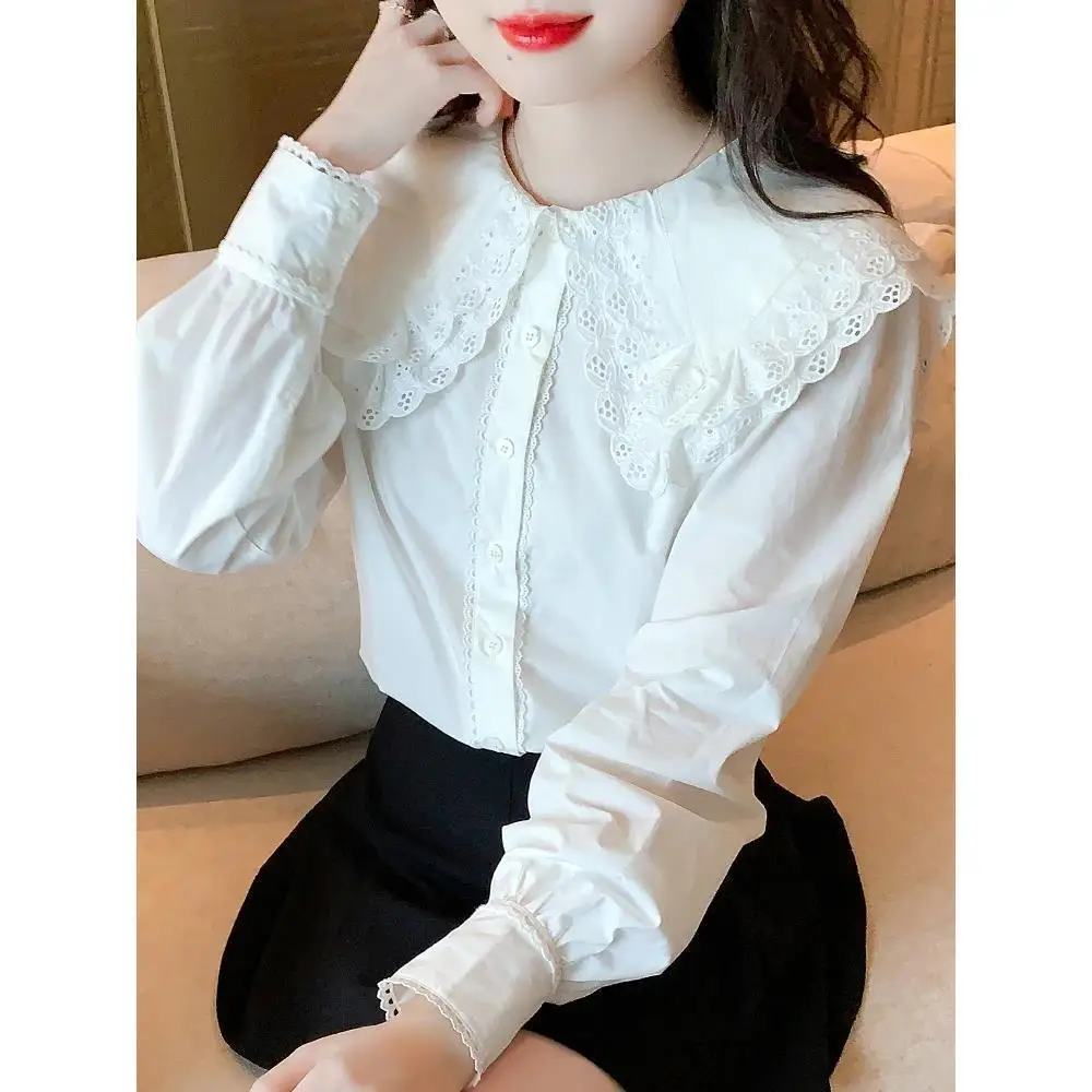 Doll collar lace shirt women\'s new design white shirt stylish small shirt French top