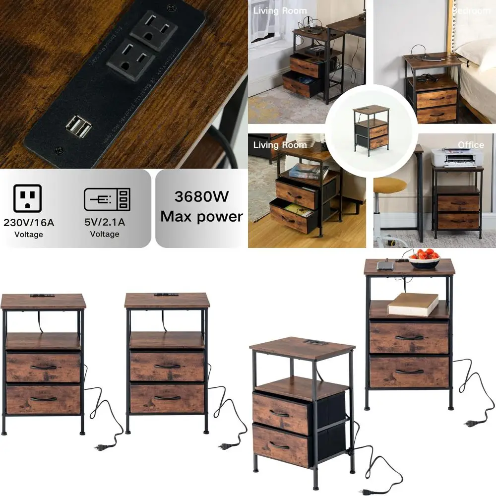 

Industrial Style 2-Drawer Nightstand Set with Fabric Drawers and Open Shelves for Compact Spaces in Brown