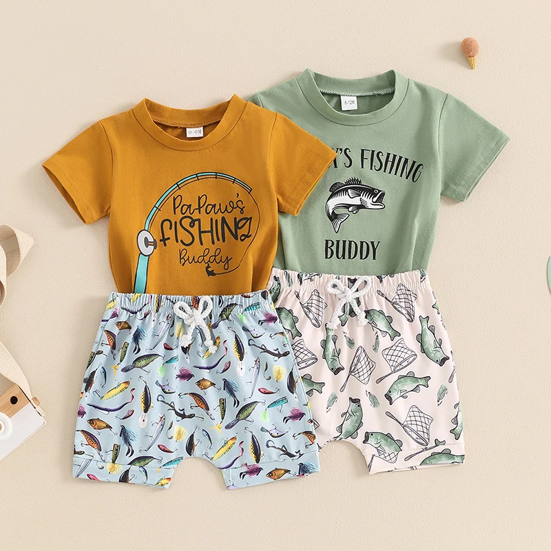 

2024-04-10 Lioraitiin Summer Baby Boys Outfits Letter Print Short Sleeves T-Shirt and Elastic Fish Print Shorts Set Clothes Set