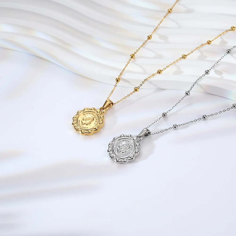 Stainless Steel Women Delicate Elizabeth Cupid Double Side Portrait Round Pendant Necklace Coin Jewelry