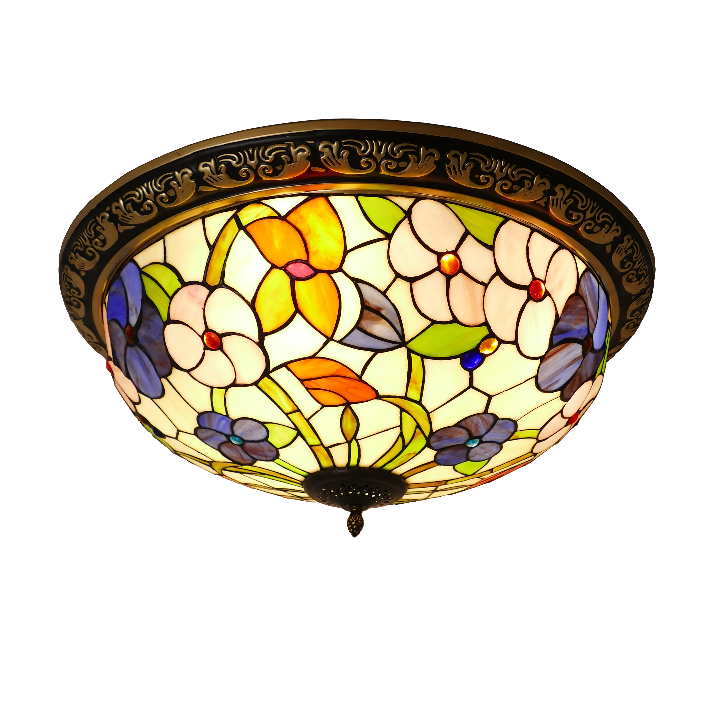 #@Vintage Tiffany Style Baroque Stained Glass Lotus Flower Flush Ceiling Light Suspended Install Hallway Living Room Metal Base