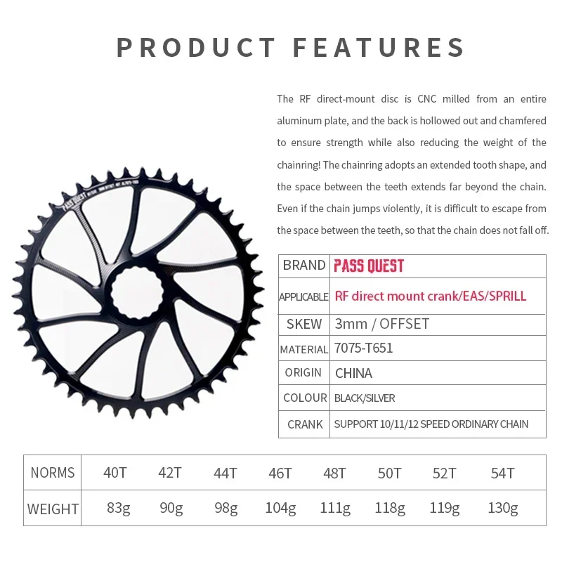 PASS QUEST (3mm offset ) Round Narrow Wide Chainring for RACE FACE 40-54T Bicycle Accessories