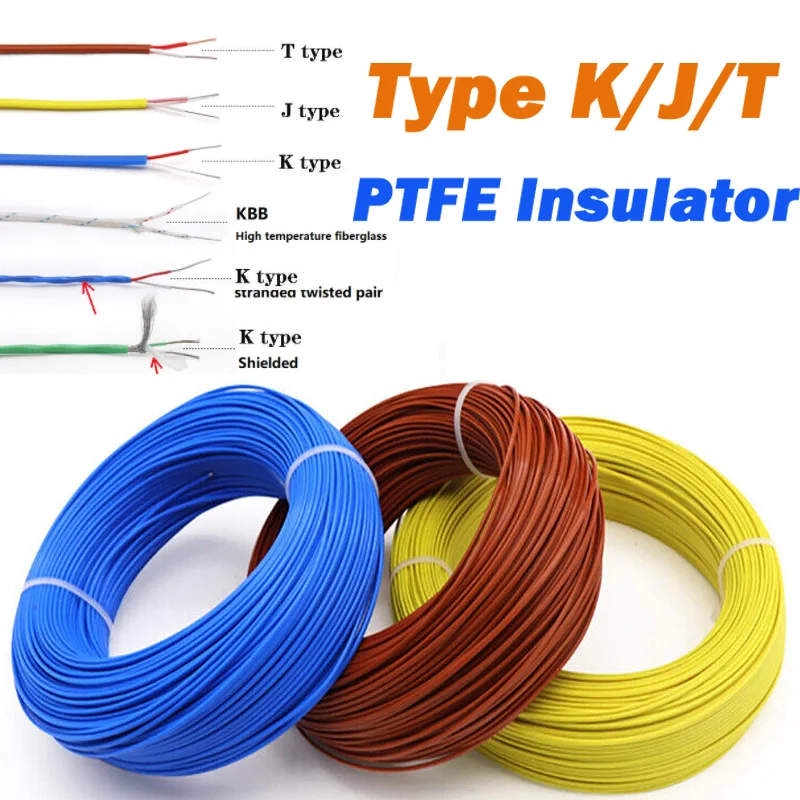 1~10Meter K/J/T Thermocouple Compensating Cable 2 Cores PTFE Insulator Shielded Line Temperature Extension 2*0.3/0.5mm