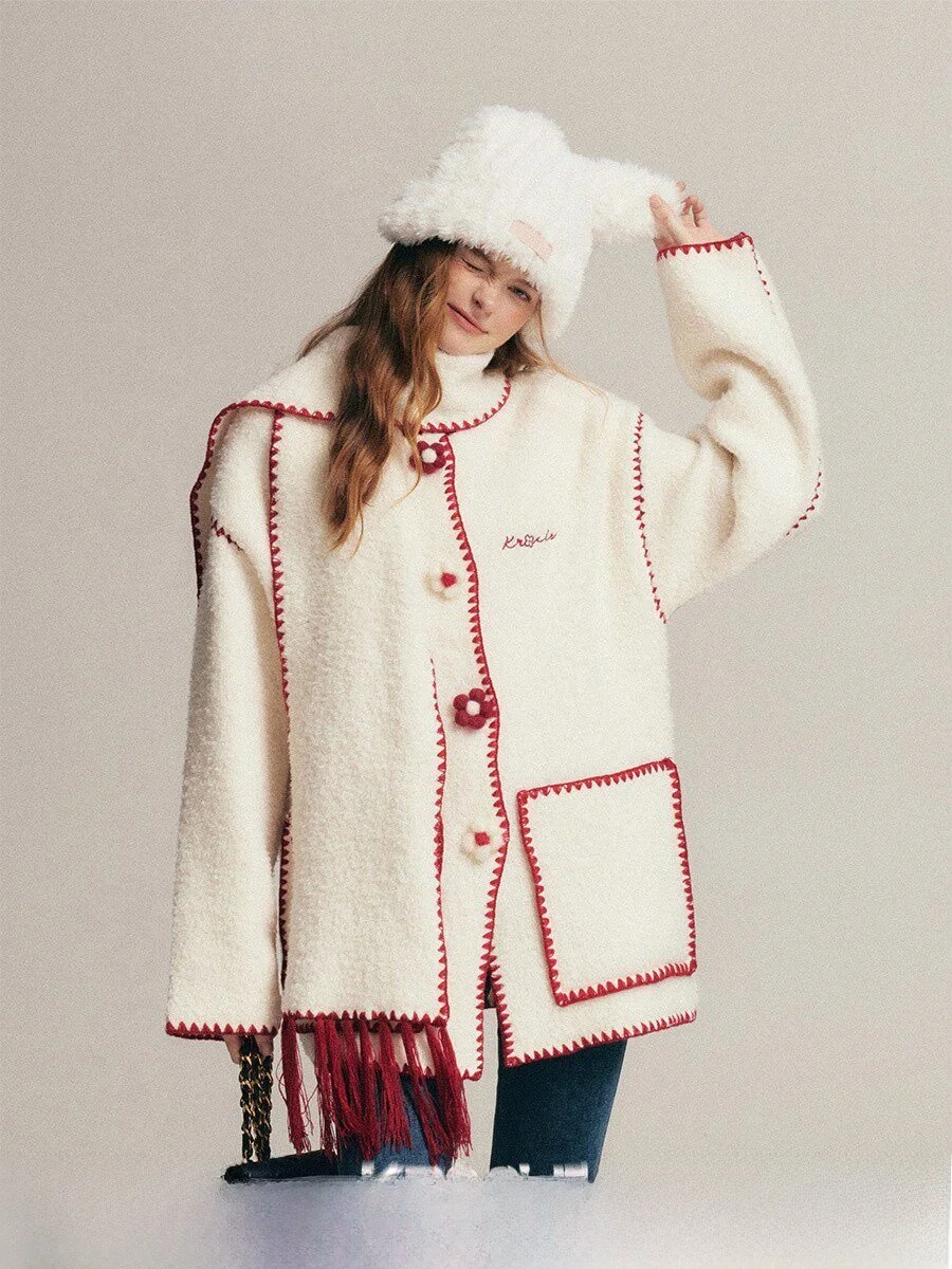 

Новая женская свободная куртка-свитер из овечьей шерсти с цветочным узором и двойными пуговицами, зимняя, в художественном стиле, верхняя одежда