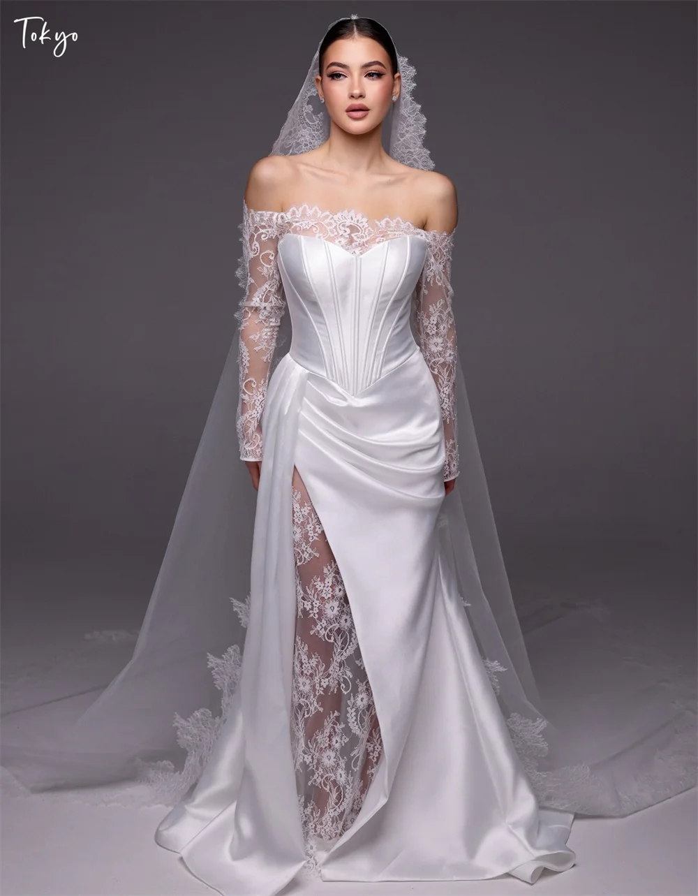 Tokyo White Off the Shoulder Customized Wedding Party Long Sleeve Side High Split Bridal Gown Sexy Mermaid Wedding Gown 2026