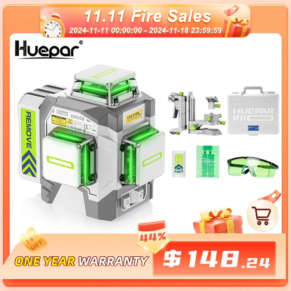 Huepar High Accuracy 3D Laser Level Professional 12 Lines Self Leveling Green Beam Cross Line Laser Tool &8000mAh Li-ion Battery