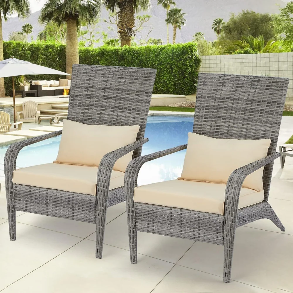 

2 Pieces Outdoor Wicker Patio Chairs, Outdoor Dining Adirondack Rattan Chair with Cushion and Pillow