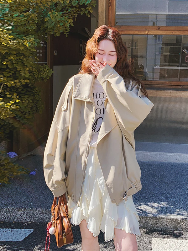 Cool Leather Jaet Women's ort Sle Spring Autumn Loose Fit Slimming Trendy PU Leather Coat Commute Wind Resistant