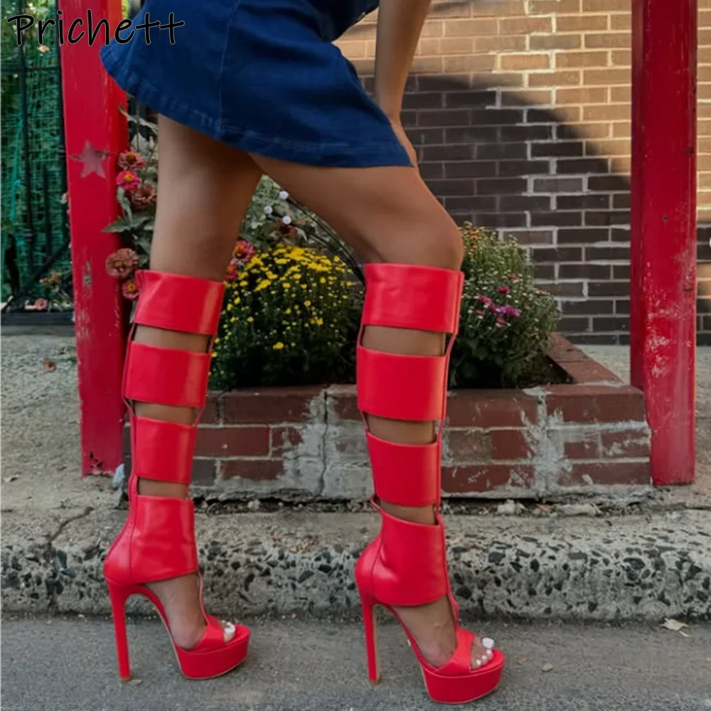 Black Leather Sandals Boots Hollow Platform Peep Toe High Heels Back Zipper Shoes Women's Summer Sexy Dress Knee High Boots
