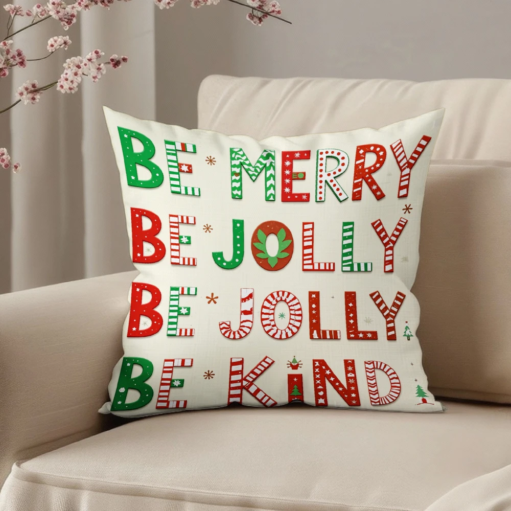 Square Throw Pillow Cover Cream White Be Merry Be Jolly Be Kind Festive Christmas Typography Print For Living Room Sofa Chair