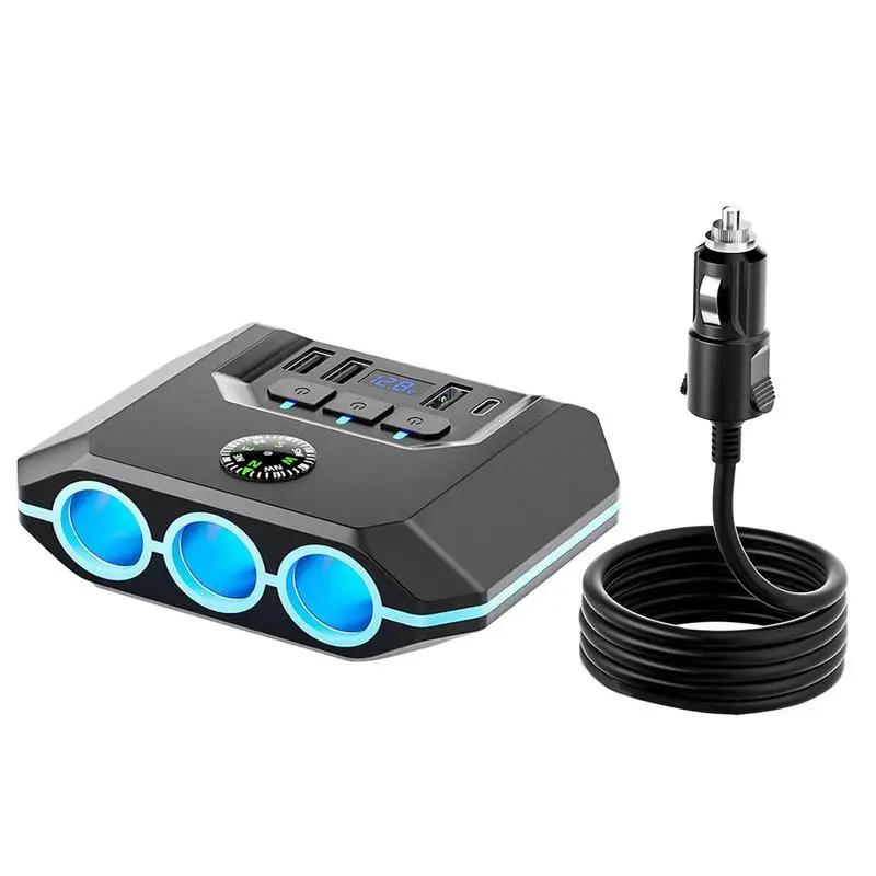 Car Lighter Splitter Charge Independent Switches Cigarette Outlet Auto Charger With 3-Socket And 4 Chargers Automobile Accessory