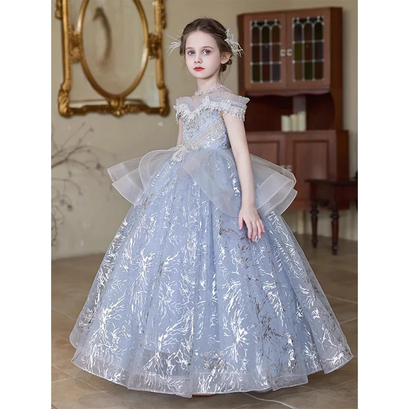 Flower Girl Wedding Party Dresses Girls Princess Dress New Trousers Gray Round Neck Gowns Shoulder Prom Birthday Gown Customized