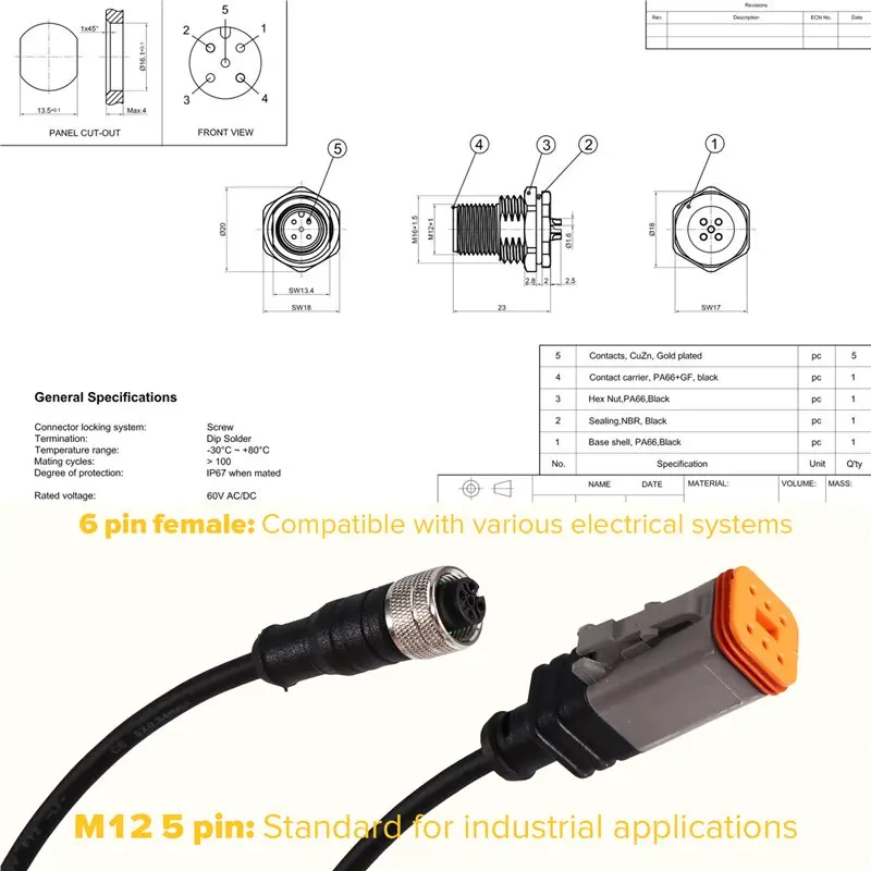 Vehicle Mod 6Pin Female Plug Transfer Cable DT06-6S Waterproof Connector For M12 A Code 5Pin Female For Car Wiring Harness-boom