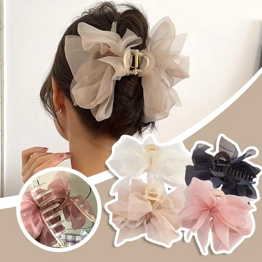 Pajarita de malla de doble cara, clip de agarre para la Cabeza trasera, accesorios elegantes grandes, tocado de tiburón, clip rizado para el cabello con temperamento, Z4L0