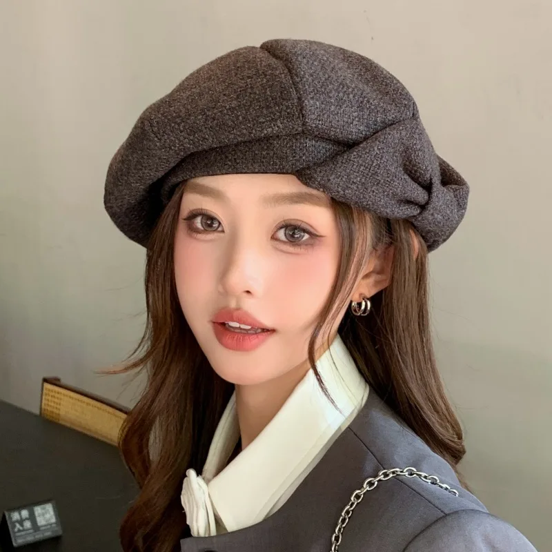 Japanisch inspirierte Retro-Baskenmütze für Damen – Schleifendetail und weiche Stretch-Passform, elegante, minimalistische Mütze für größere Kopfgrößen