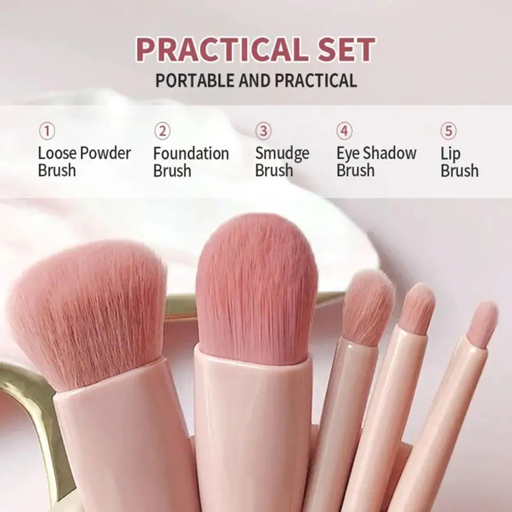5 pçs conjunto de escova de maquiagem portátil com espelho-kit de viagem dobrável, mini conjunto de escova de maquiagem conjunto de escova de maquiagem de viagem