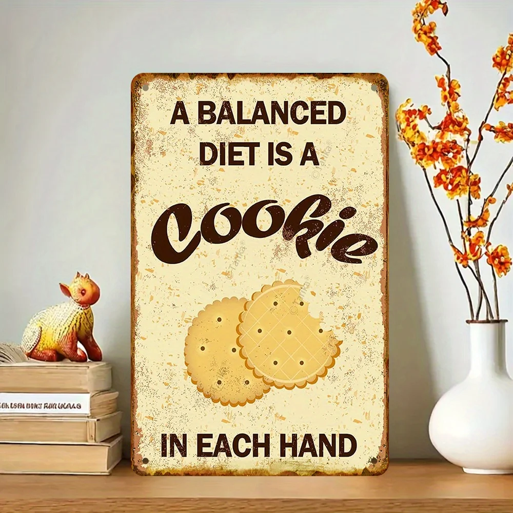 2D Flat Balanced Diet Cookie Metal Sign - One Cookie in Each Hand Funny Wall Decor for Home Bar Cafe Kitchen Gift