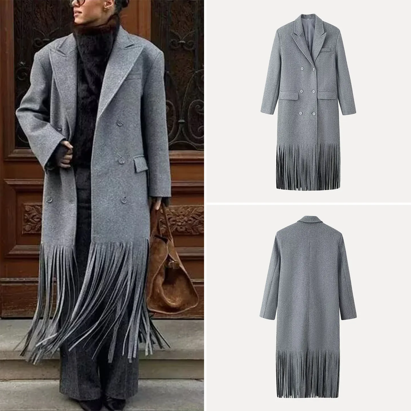 

Модное длинное шерстяное пальто с бахромой по краю, двухрядные пуговицы, осеннее новое поступление, женская модная верхняя одежда, бренд Z