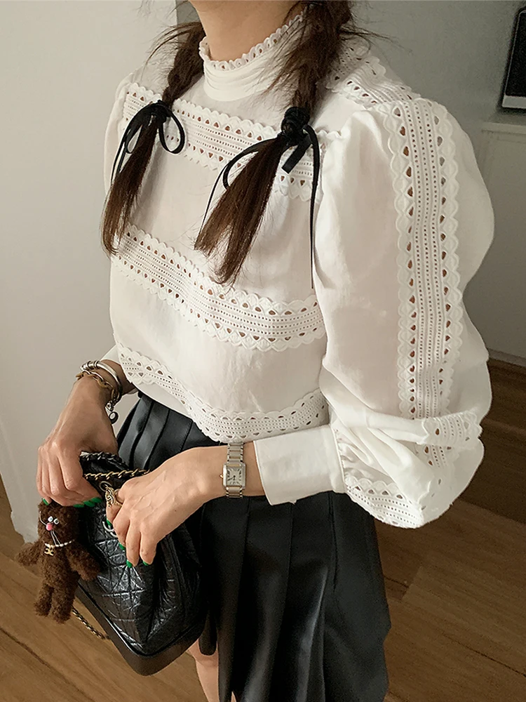 

Шикарная летняя свободная длинная све Све Све с тяжелой вышивкой и кружевной отделкой с высоким воротником, однотонная корейская одежда для поездок на работу