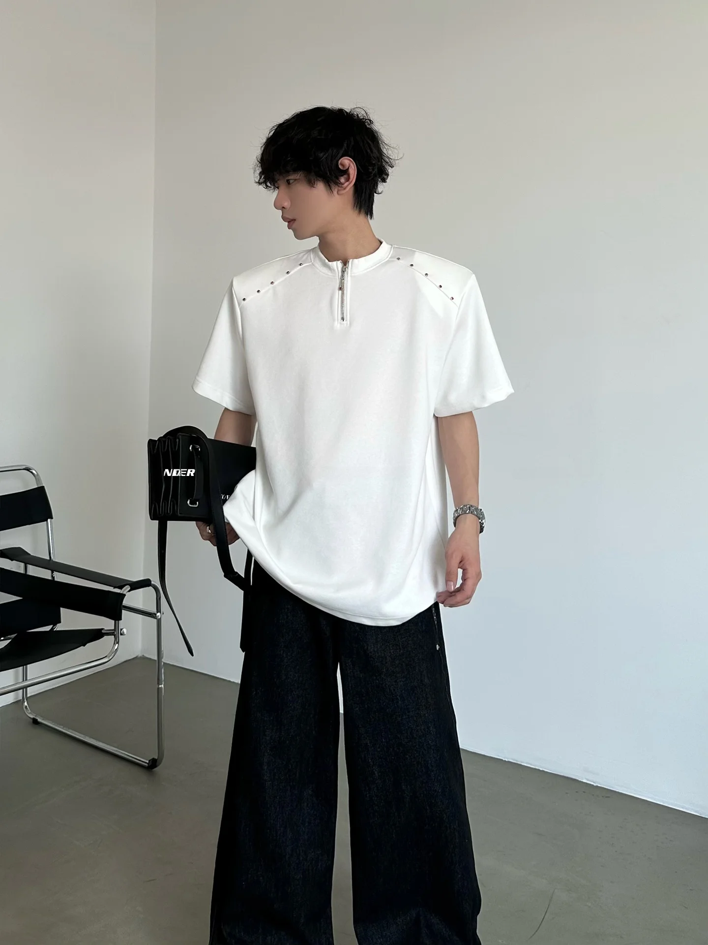 MARTHENAUT Shoulder Padded Zipper T-Shirt round Neck Short Sleeve Loose Fit Black Spring Summer Trendy Cotton Polyester Blend