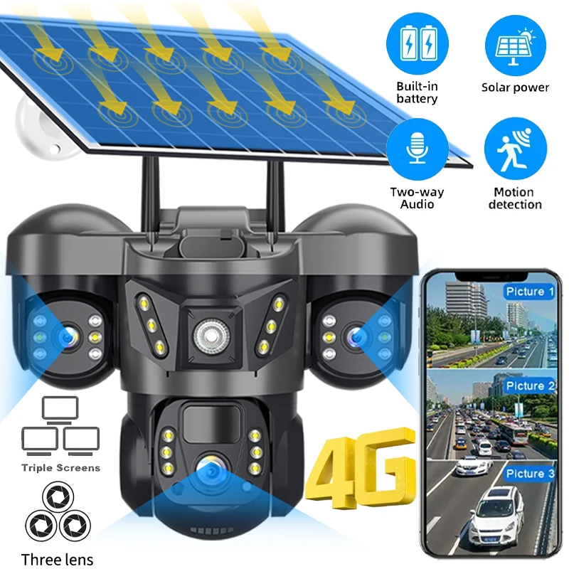 V380 PRO Triple Lens 4G Camera With Solar Panel Outdoor Battery Low Power Three Screen Surveillance 15MP Security HD CCTV Cam