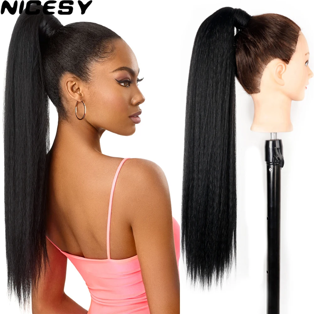 

Synthetic Straight Long Yaki Ponytail Hair Extension 24 Inch Magic Paste Heat Resistant Wrap Around Ponytail for Black Women