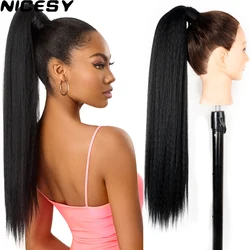 Synthetic Straight Long Yaki Ponytail Hair Extension 24 Inch Magic Paste Heat Resistant Wrap Around Ponytail for Black Women