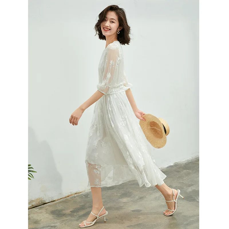 Birdtree 100%Mulberry Silk Embroidered Dress Women Spring Summer White Beach Vacation Temperament High Waisted Dress D3D529QC