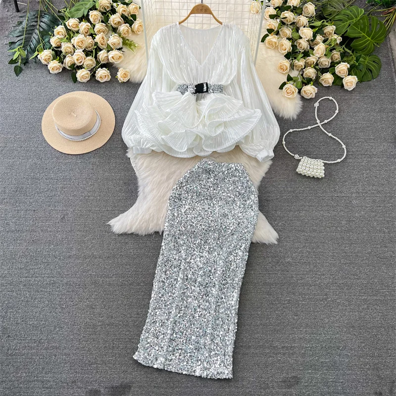 Socialite Formele Avondfeest Goud Tweedelige Set Vrouwen Luxe Cocktail Geplooid Glanzend Shirt en Bodycon Lovertjes Rok Past