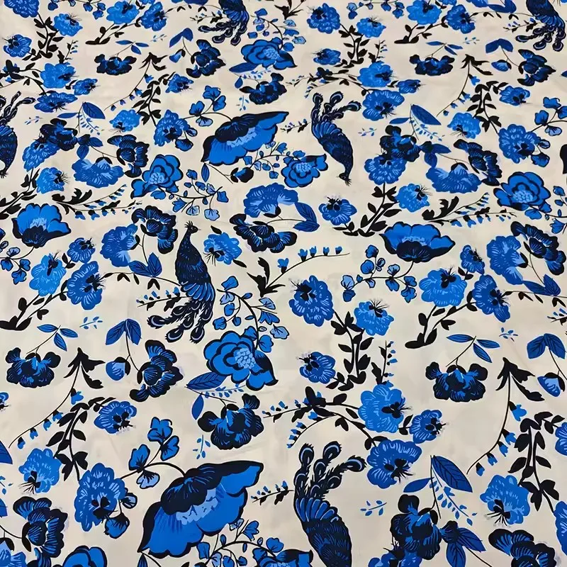 

Эластичная хлопчатобумажная ткань с синим цветком и принтом павлина для женского платья, блузки, ткань «сделай сам», швейный материал