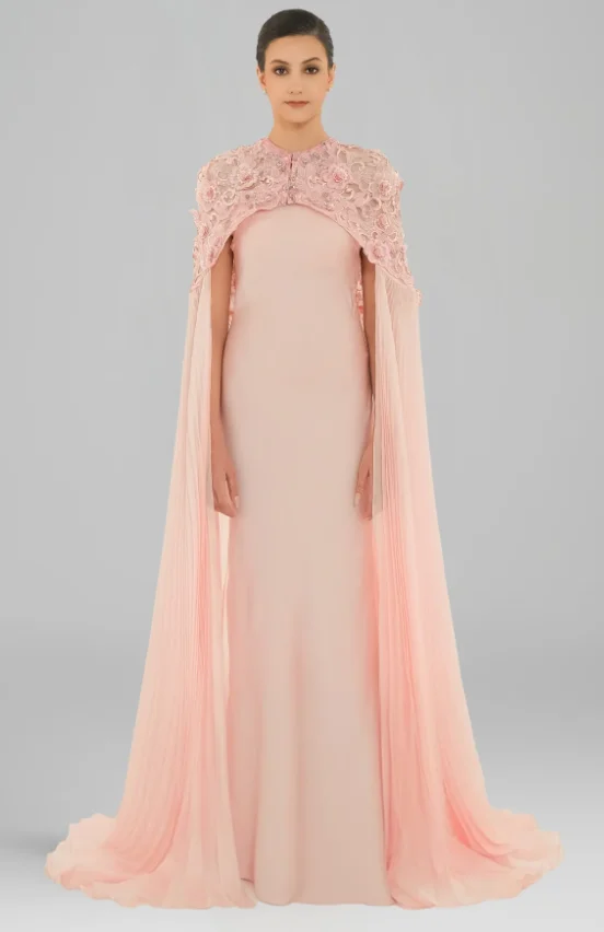 Blush Pink Mermaid Long Formal Dress Floral Lace Applique Cape Chiffon Evening Gown Custom Mother of Bride Party Gown