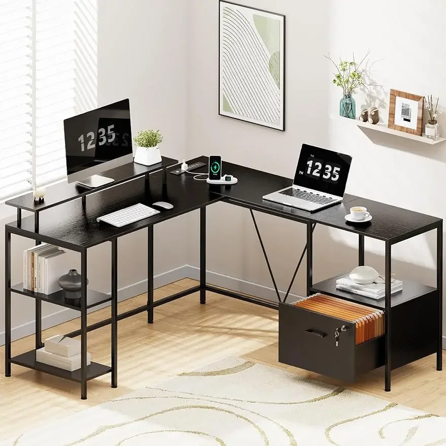 L Shaped Computer Desk with Power Outlets & LED Lights, Reversible Computer Desk with File Cabinet & Storage Shelves, Black