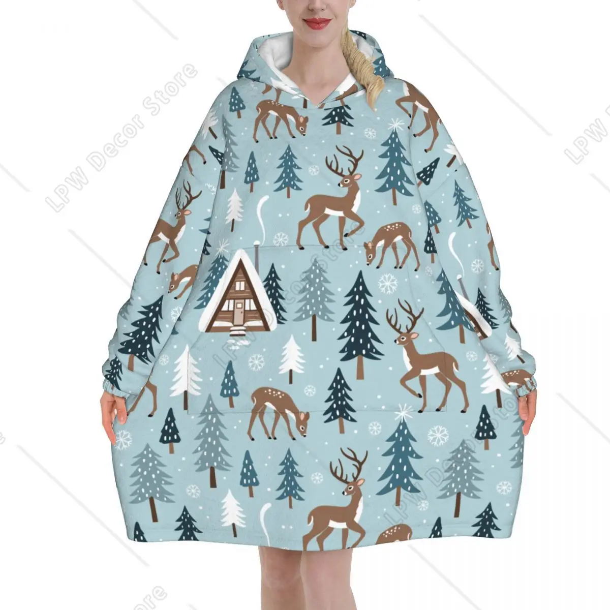 Cute Winter Deer Wearable Blanket Hoodie for Women Warm Cozy Large Snowy Woodland Cabin Pine Trees Blanket Sweatshirt