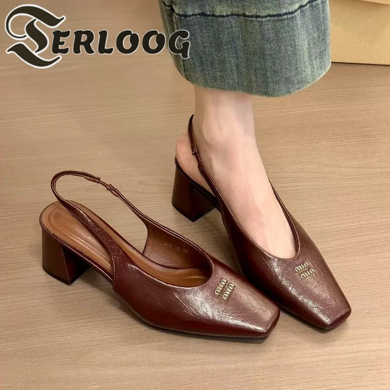 

Chunky Heeled Women Sandals High Heels Slippers Summer New Shoes Square Toe 2025 Fashion Leather Slingback Shoes Sandalias Pumps