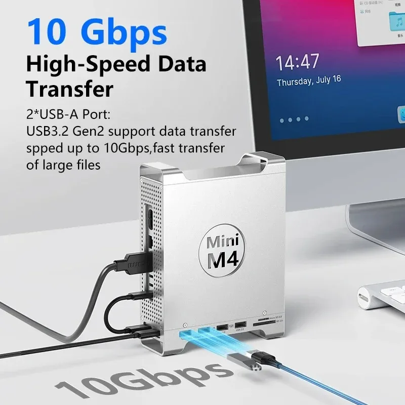 محور USB C مع حاوية M.2 SSD لجهاز Mac Mini M4/M4 Pro Stand Type-C 8TB Max 10Gbps USB3.2 Gen2 SD/TF محطة إرساء SSD