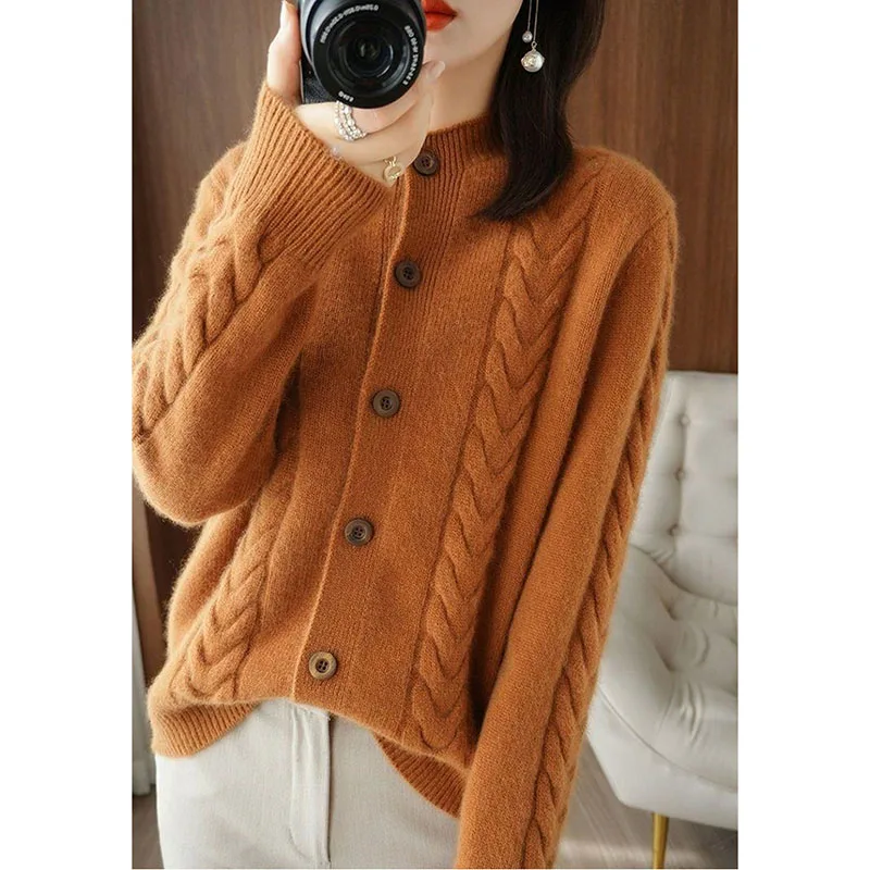 秋冬ハーフハイカラーツイストニットカーディガン高級カジュアルルーズ万能長袖ベースセーター女性用