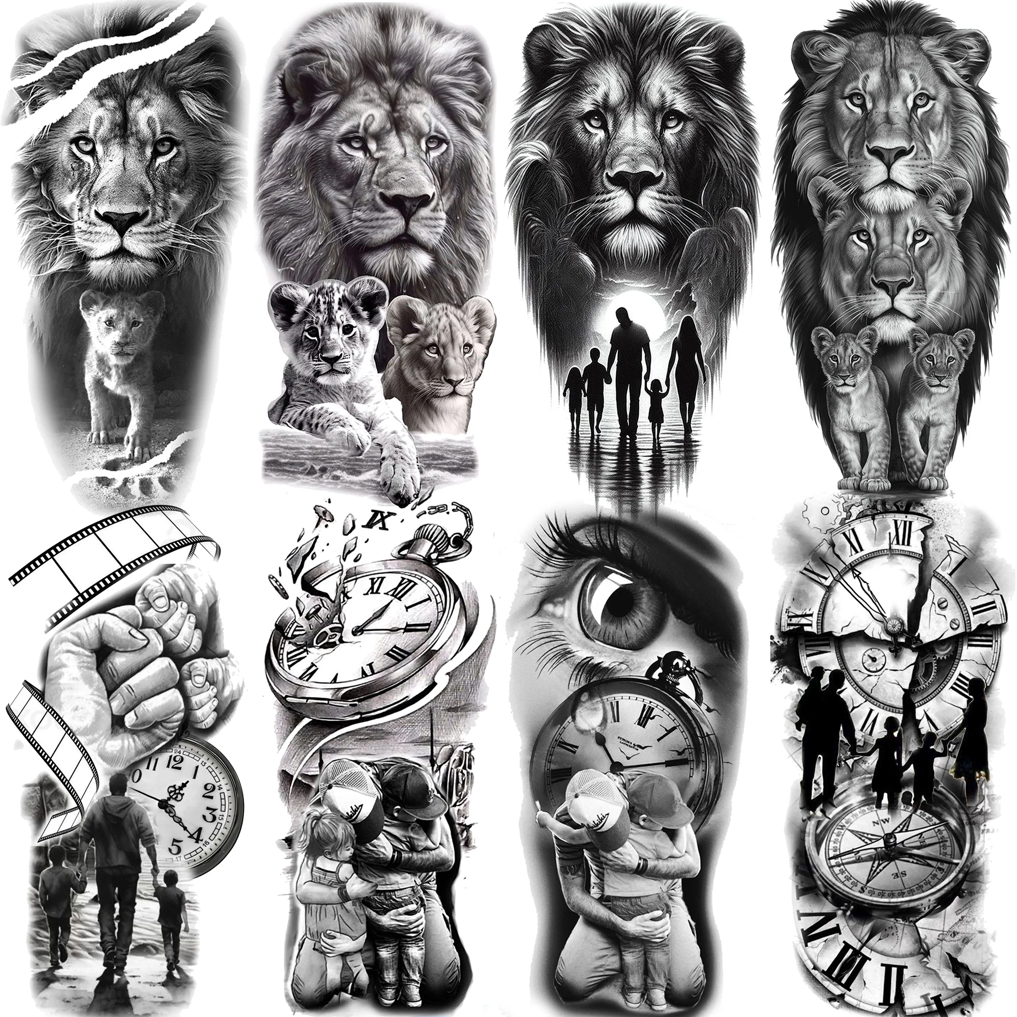 

1 Sheet Waterproof Lion Family Clock Temporary Tattoos For Men Women Realistic Fake Tattoos Long Lasting Arm Leg Tatoo Sticker