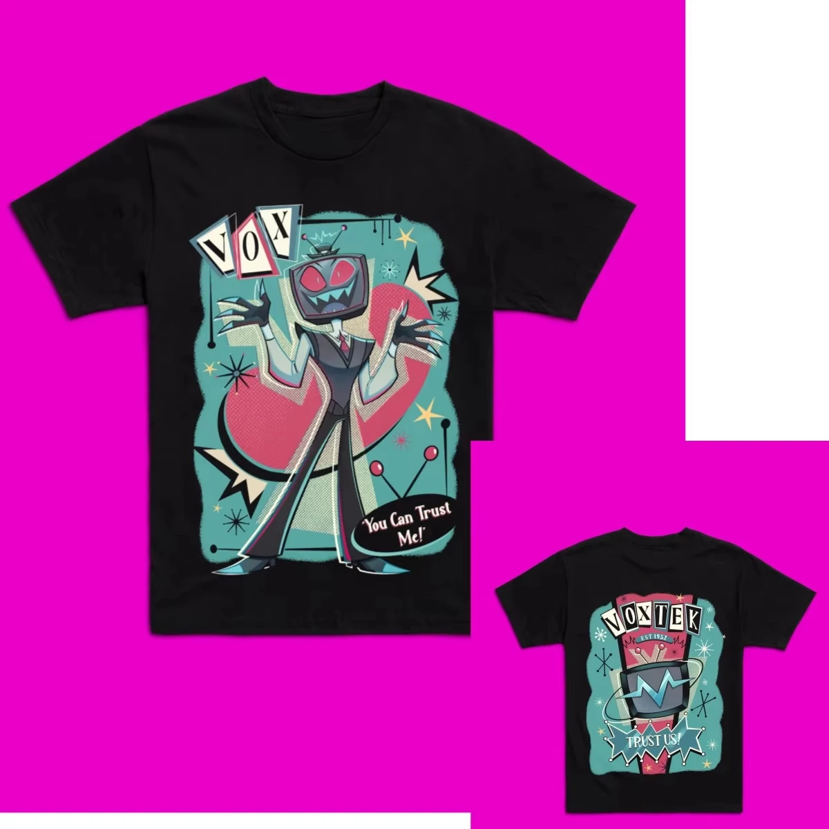 Retro VoxTek Hazbin Hotel Anime T-Shirt Baumwolle Grafik-T-Shirt Herren Damen Sommer Streetwear – Detail 2